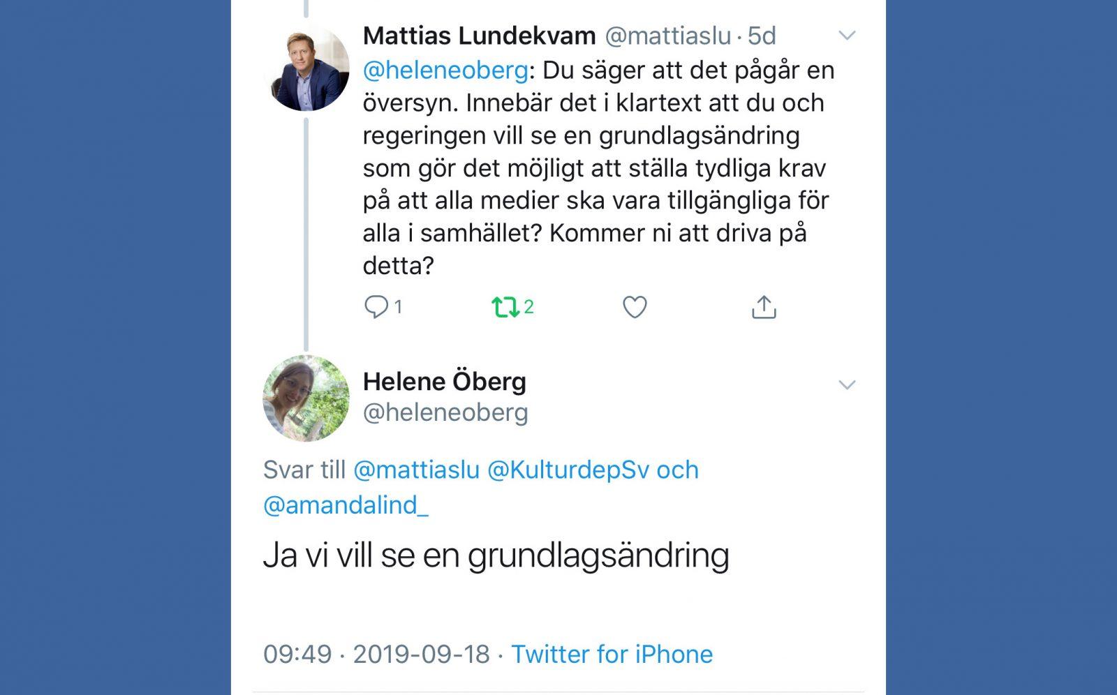 Bild på tweets av Mattias Lundekvam och Helene Öberg. Återges i artikeln.