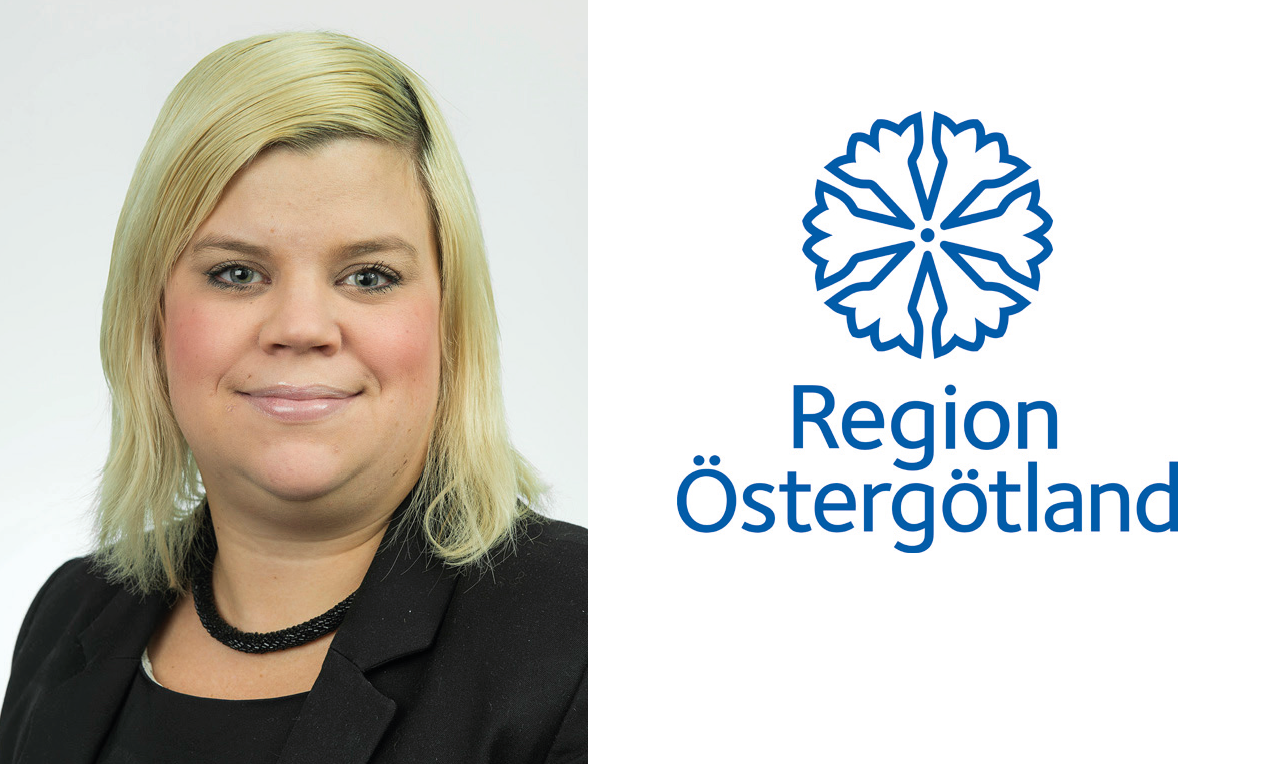 Porträtt på Rebecca Hägg (S), 1:e vice ordförande, hälso- och sjukvårdsnämnden i Region Östergötland intill logga för Region Östergötland