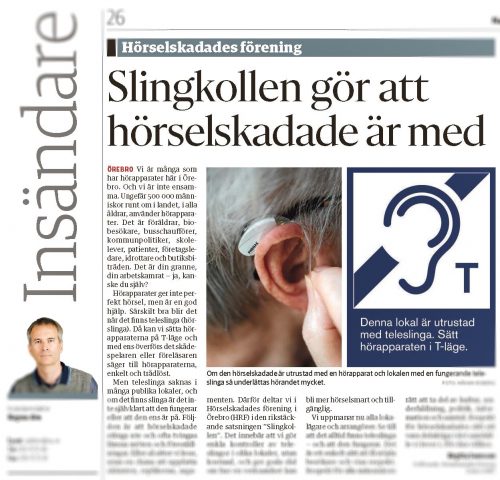 Tidningsartikel med rubriken "Slingkollen ger hörselskadade en chans att vara med"