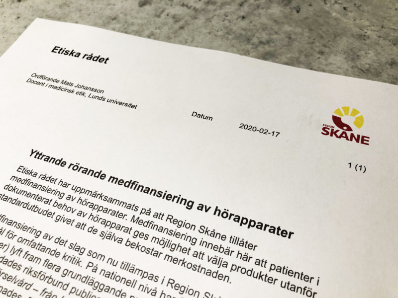 Brev från Etiska rådet i Skåne, med rubriken: "Yttrande rörande medfinansiering av hörapparater "