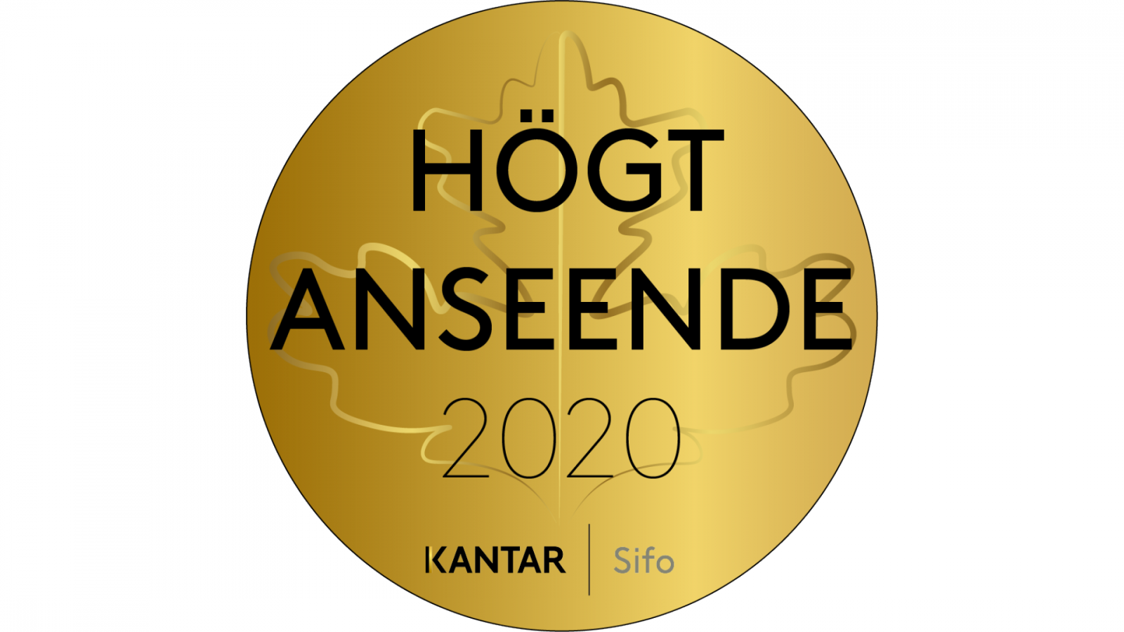 Guldmedalj med orden "Högt anseende 2020" samt "Kantar Sifo".