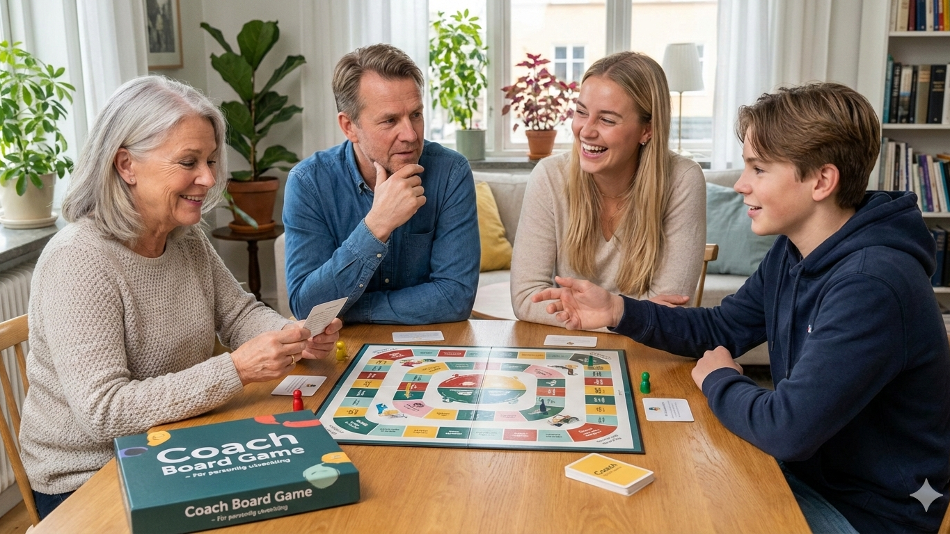 Fyra spelare runt ett bord med en spelplan och spelkort.