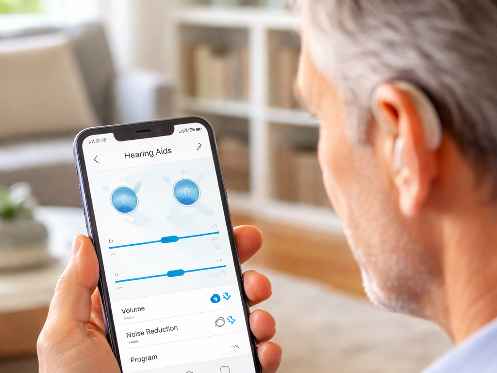 Person med hörapparat tittar på mobilen.
