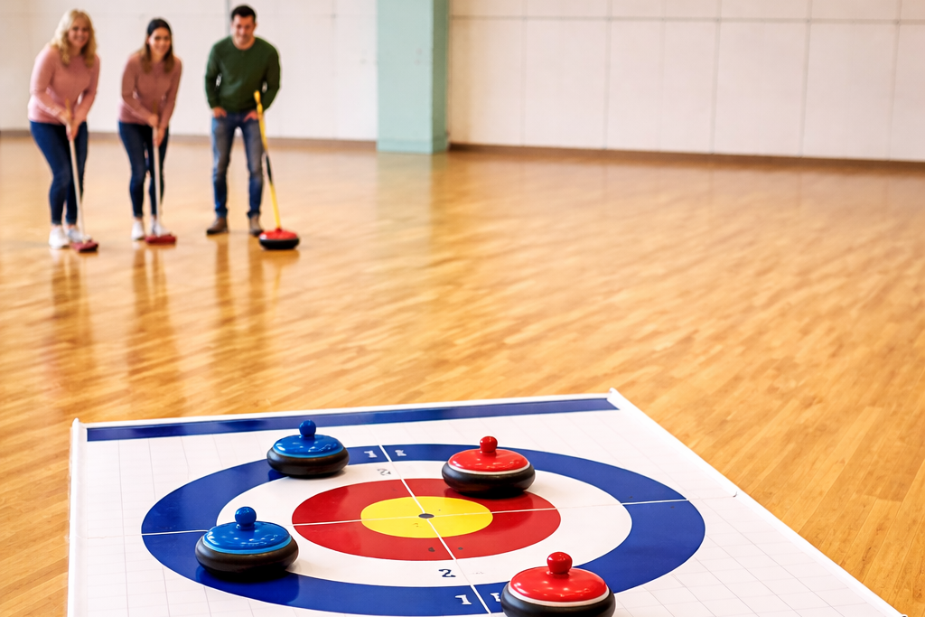 Tre spelare i bakgrunden med målområdet i förgrunden. I målområdet ligger två blå och två röda stenar.
