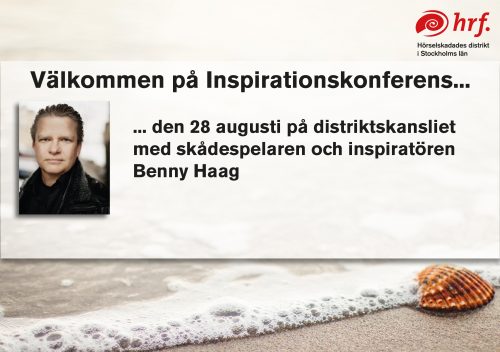Bild på inbjudan till Inspirationskonferensen med en strand och snäcka som bakgrund och bild på Benny Haag i förgrunden.