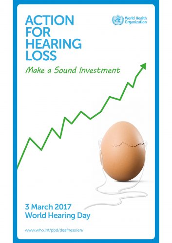 Bild på ett ägg emd en spricka i som har hörlurar. Samt text om att det är world hearing day.