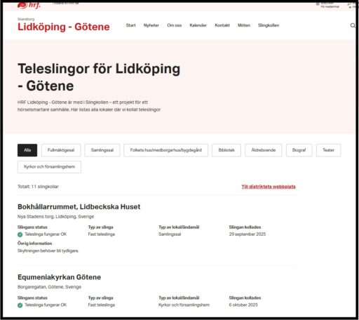 Skärmdump som visar lokalförenings slingkollslista.